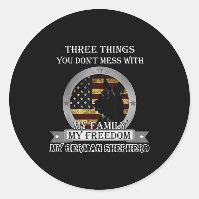Sticker Rond Black German Shepherd American Flag Three Things Y (Devant)