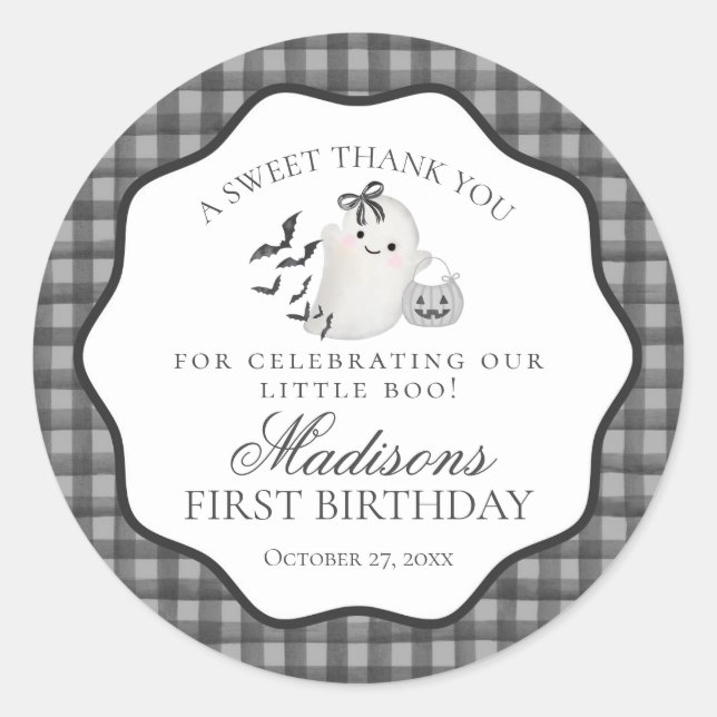 Sticker Rond Black Gingham Cute Boo Ghost Birthday Party Favor (Devant)