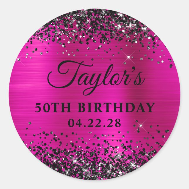 Sticker Rond Black Glitter Hot Pink Foil 50th Birthday (Devant)