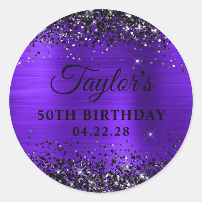 Sticker Rond Black Glitter Violet Foil 50th Birthday (Devant)