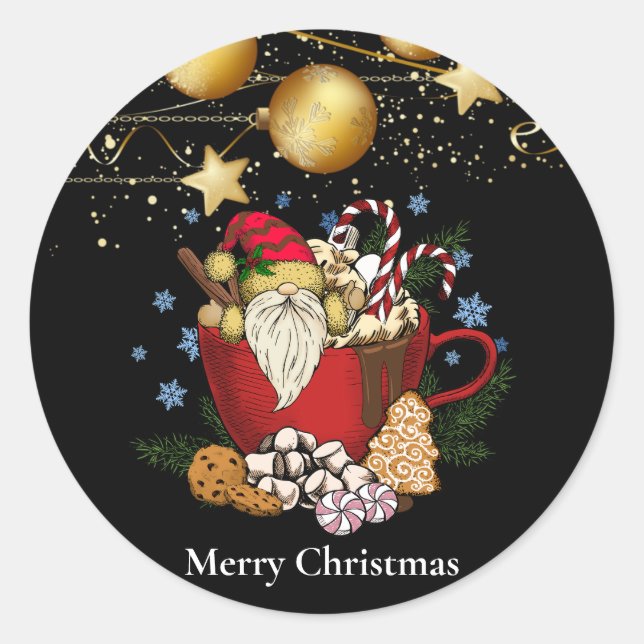 Sticker Rond Black Gnome Joyeux Noël Flacons de neige (Devant)