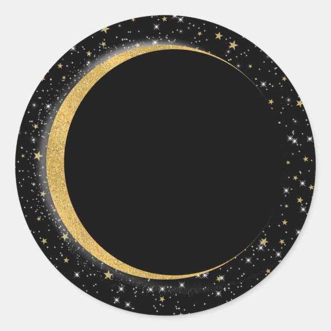 Sticker Rond Black & Gold Céleste Lune Étoiles Lunaire Nuit (Devant)