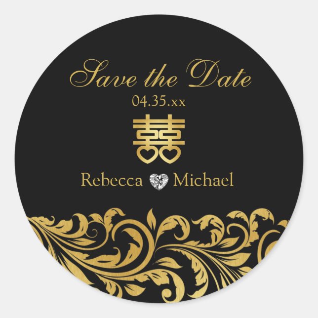 Sticker Rond Black & Gold Damask, Chinois Double Bonheur (Devant)