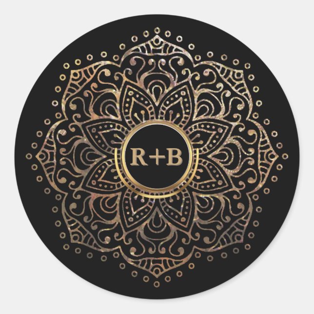 Sticker Rond Black Gold Foil Mandala Boho Wedding Favor (Devant)