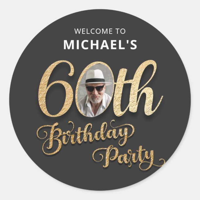 Sticker Rond Black Gold Foil Photo personnalisée 60e anniversai (Devant)