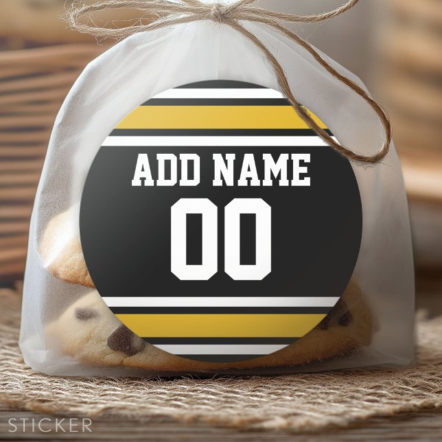 Sticker Rond Black Gold Football Jersey Nom personnalisé Numéro (Custom Sticker for Party Favors and Envelopes)