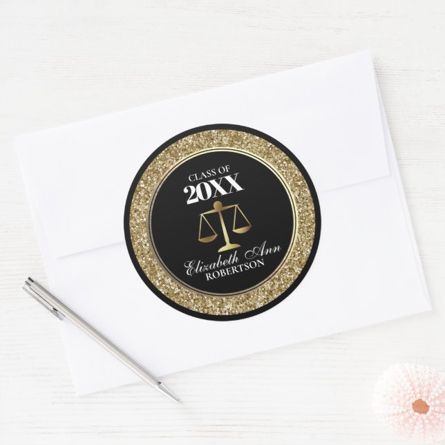 Sticker Rond Black|Gold Parties scintillant Law School Graduati (Enveloppe)