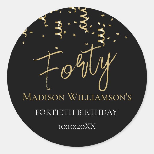 Sticker Rond Black & Gold Quarty Minimal 40e fête d'anniversair (Devant)
