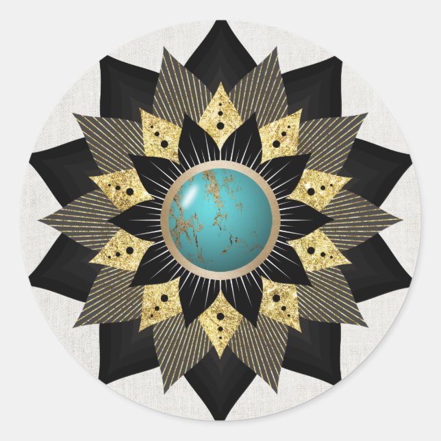 Sticker Rond Black Gold Turquoise Lotus Flower Mandala Elegant (Devant)