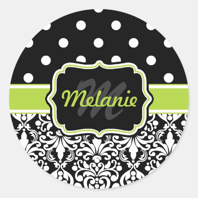 Sticker Rond Black Green Monogramme Damask Pois Motif (Devant)