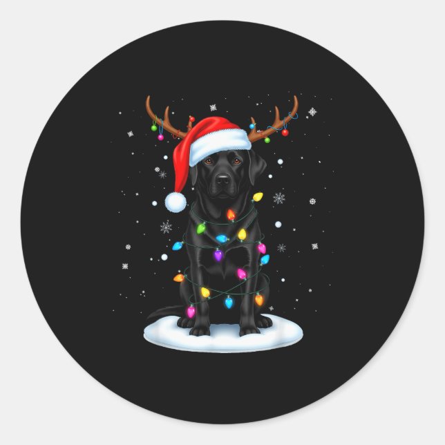 Sticker Rond Black Lab Labrador Christmas Dog Reindeer Lights P (Devant)