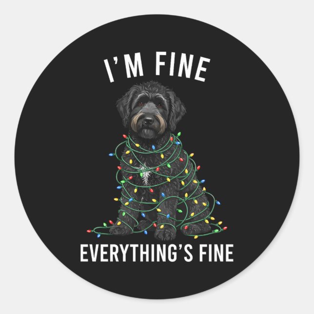 Sticker Rond Black Labradoodle Christmas I'm Fine Everything Is (Devant)