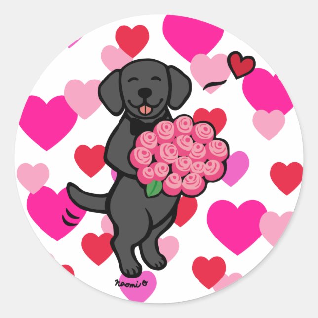 Sticker Rond Black Labrador Cartoon Valentine Hearts (Devant)