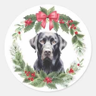 Sticker Rond Black Labrador Retriever Chien Red Bow Holly Wreat