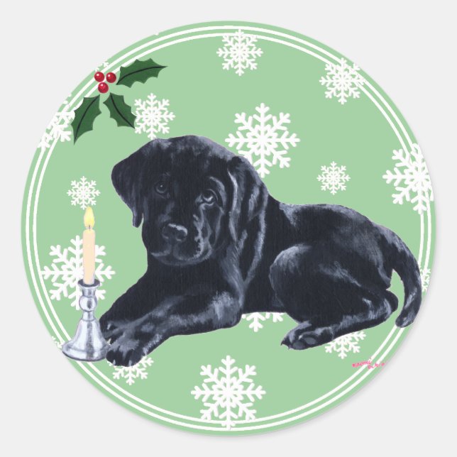 Sticker Rond Black Labrador Retriever Christmas Snowflo (Devant)