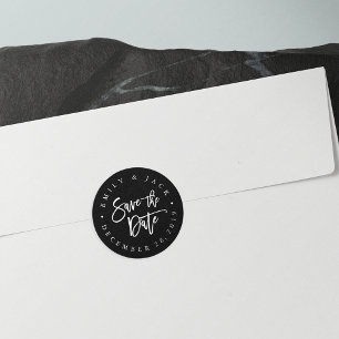 Sticker Rond Black   Modern Brush Lettered Save the Date
