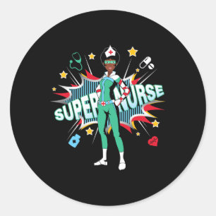 Sticker Rond Black Nurs Rock Chemise Super Hero Funny Black Rn
