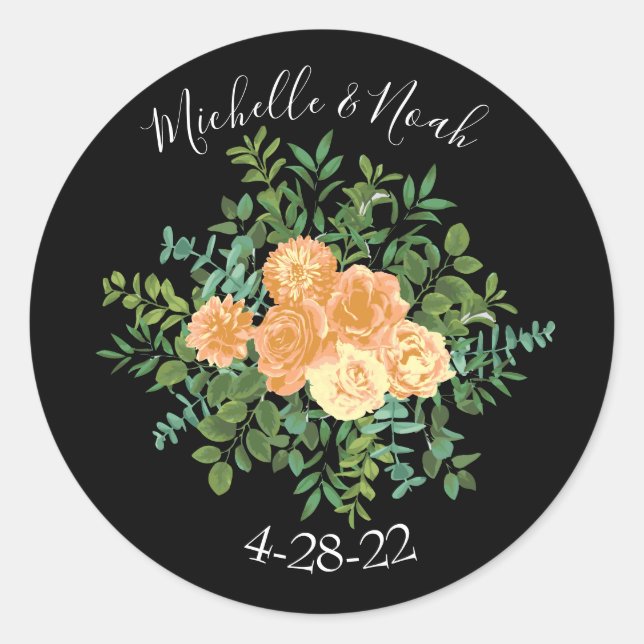 Sticker Rond Black & Peach Mariage Floral moderne (Devant)