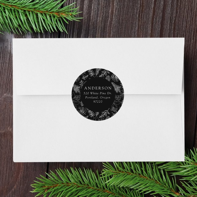 Sticker Rond Black Poinsettias et Pinecones Adresse de retour (Créateur téléchargé)