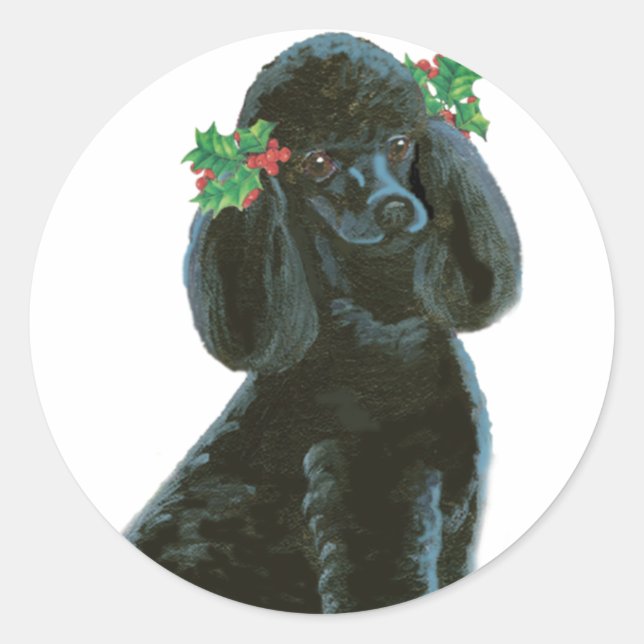 Sticker Rond Black Poodle Christmas Holly Art Cadeaux & Cartes (Devant)