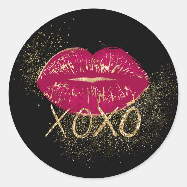 Sticker Rond Black Red Lips Kiss Parties scintillant or XOXO (Devant)