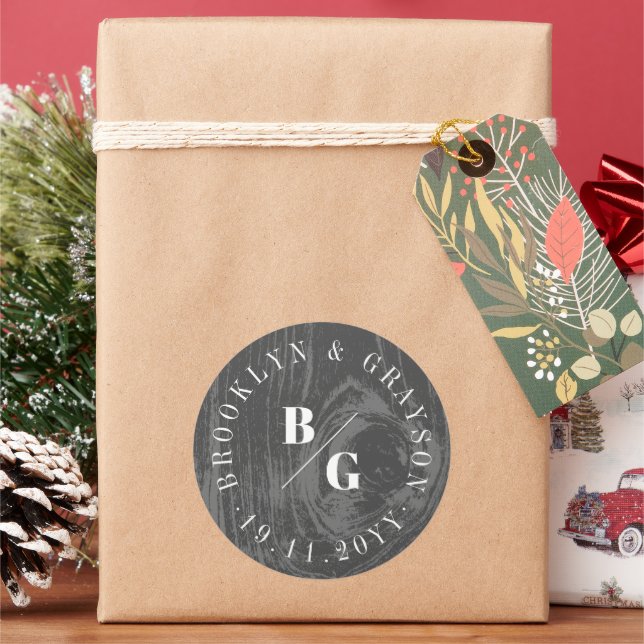 Sticker Rond Black Rustic Woodgrain Texture Chic Mariage d'hive (vacances)