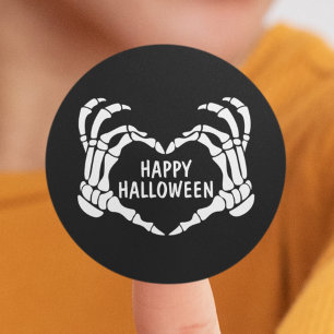 Sticker Rond Black Skeleton Heart Mains Happy Halloween