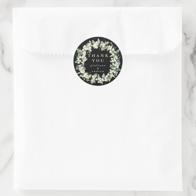 Sticker Rond Black Snowberry+Eucalyptus Merci Mariage (Sac)