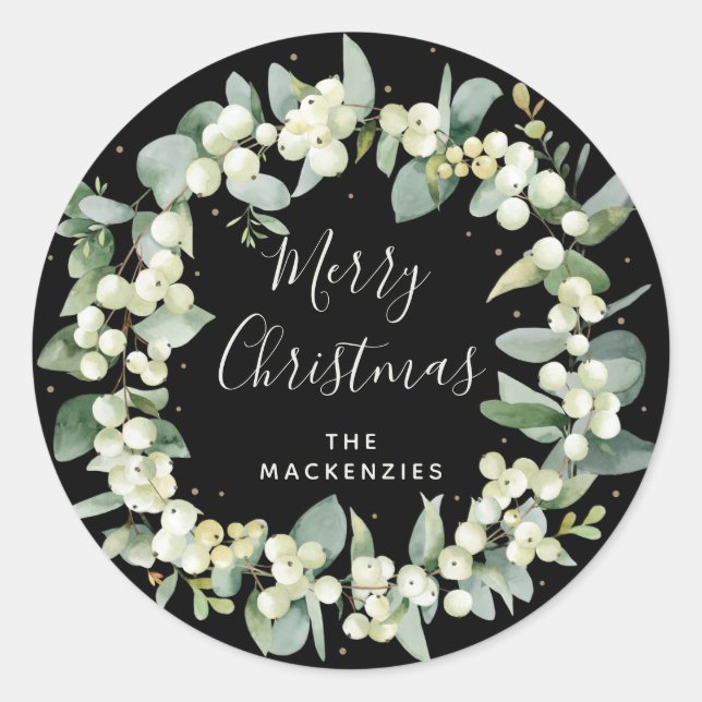 Sticker Rond Black Snowberry+Eucalyptus Wreath Joyeux Noël (Devant)