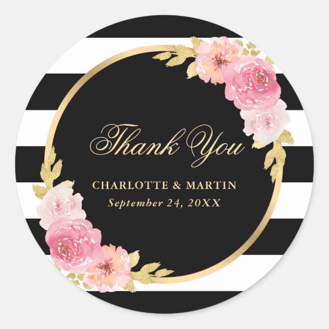 Sticker Rond Black Stripes or rose Mariage Merci (Devant)