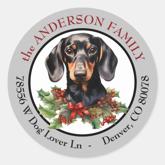 Sticker Rond Black Tan Dachshund Chien Noël Adresse de retour (Devant)