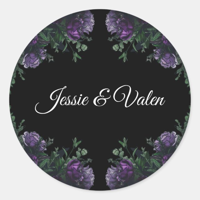 Sticker Rond Black Violet Floral Élégant Mariage Gothique (Devant)