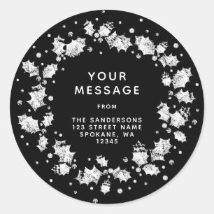 Sticker Rond Black+White Christmas Holly Wreath Adresse de reto