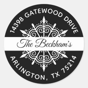 Sticker Rond Black White Christmas Snowflacon Adresse de retour