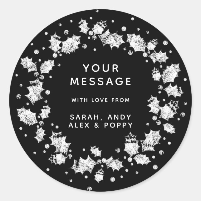 Sticker Rond Black + White Custom Christmas Holly Wreath (Devant)