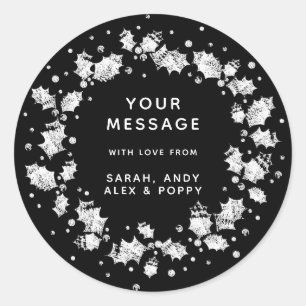 Sticker Rond Black + White Custom Christmas Holly Wreath