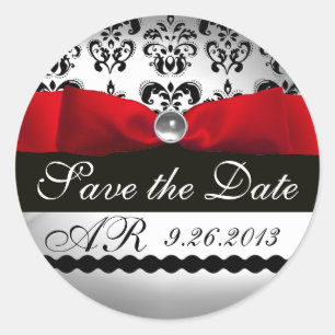 Sticker Rond BLACK & WHITE DAMASK RED RIBBON MONOGRAM Gemstone