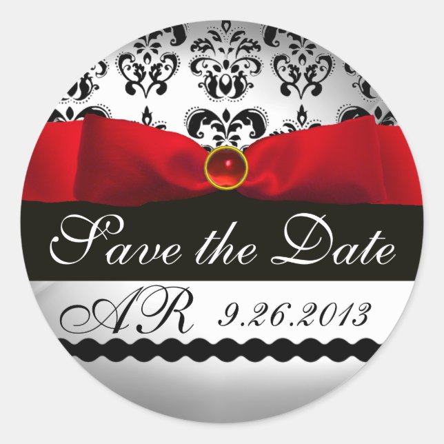 Sticker Rond BLACK & WHITE DAMASK RED RIBBON MONOGRAM Gemstone (Devant)