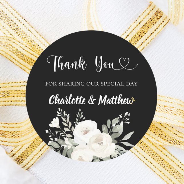 Sticker Rond Black white florals coeur merci mariage (Créateur téléchargé)
