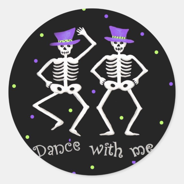Sticker Rond Black White Halloween Skeleton Bones Danse (Devant)