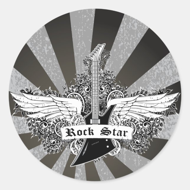 Sticker Rond Black white Rock étoiles ailes de guitare électriq (Devant)