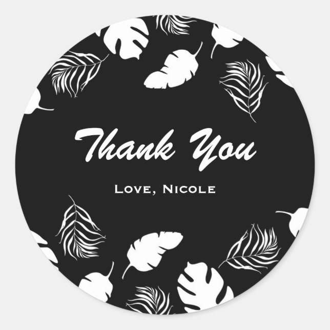 Sticker Rond Black & White Tropical Feuilles Elegant Chic Party (Devant)