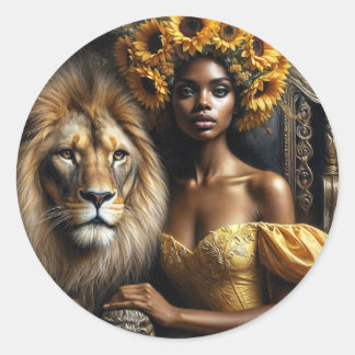 Sticker Rond Black Woman With Lion Sunflower Crown