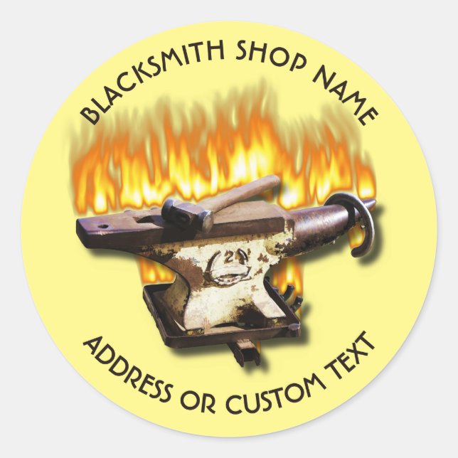 Sticker Rond Blacksmith Shop Avec Anvil Et Marteau En Feu (Devant)