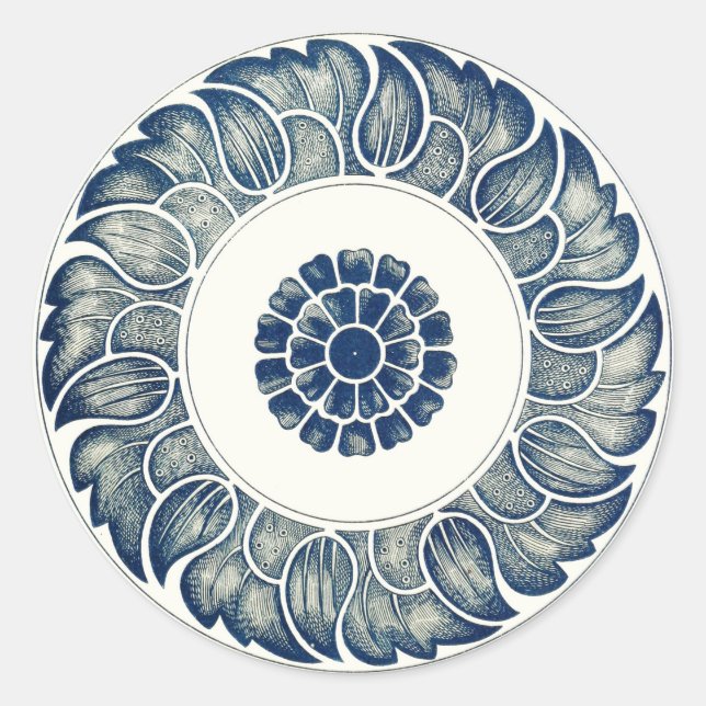 Sticker Rond Blanc bleu Floral chinois rond (Devant)