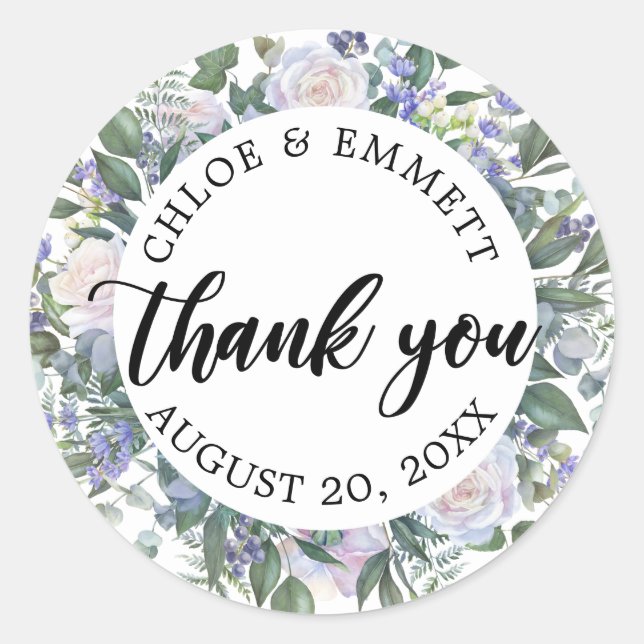 Sticker Rond Blanc Bleu Violet Floral Mariage Favoriser (Devant)