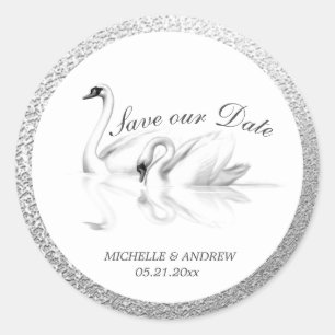 Sticker Rond blanc cygnes texturé argent enregistrer la date