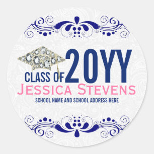 Sticker Rond Blanc Damas Dentelles Bleues & Diamants Grad 2015 