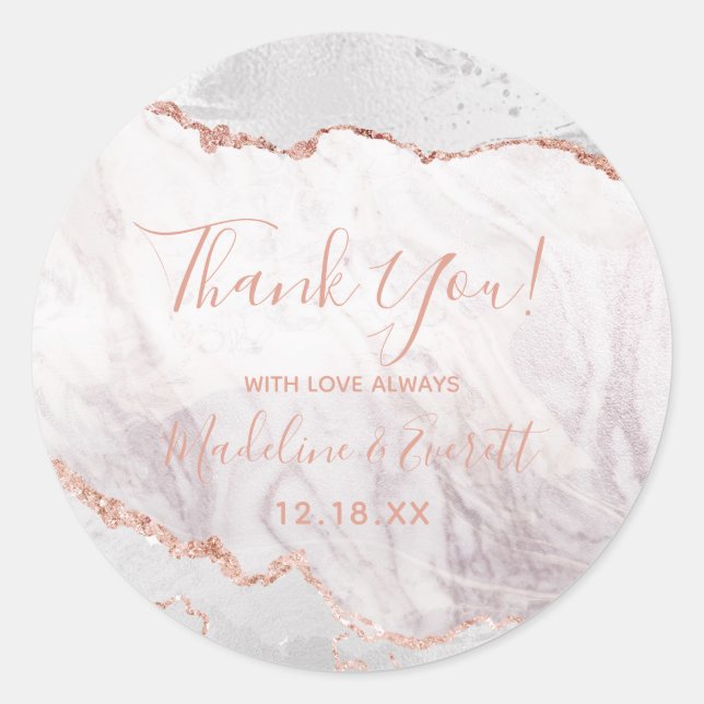 Sticker Rond Blanc et Rose Or Agate Marbre Mariage Merci (Devant)