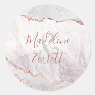 Sticker Rond Blanc et Rose Or Agate Marbre Monogramme Mariage